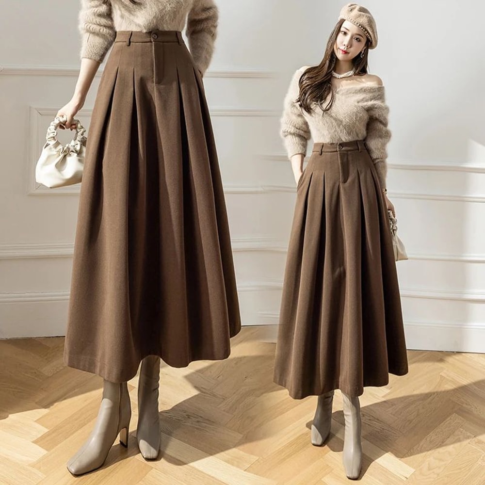 Elegant ALine Woolen Maxi Skirt High Waist Pleated Long Winter Skirt For Women 3