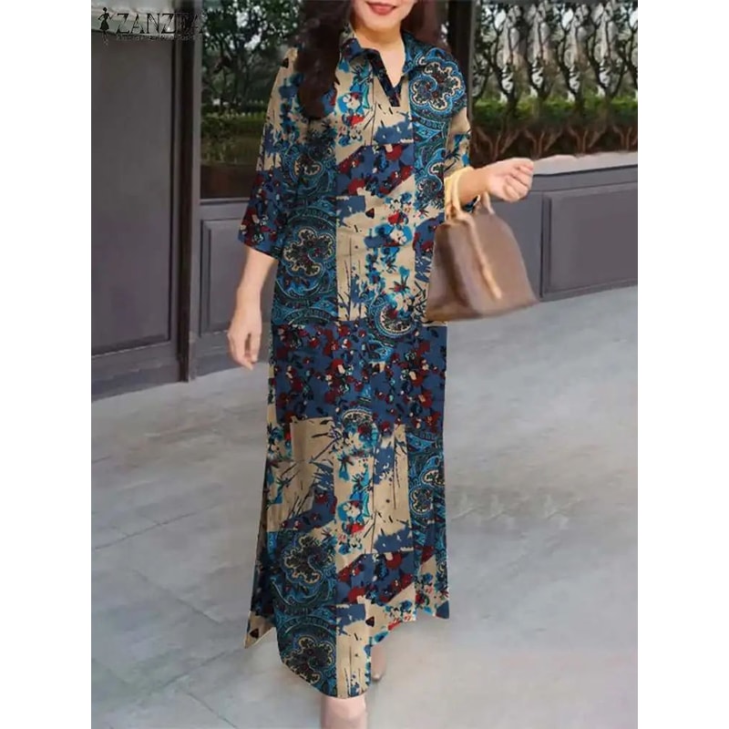 ZANZEA Vintage Floral Cotton Maxi Shirt Dress Oversized Autumn Lapel Sundress 0