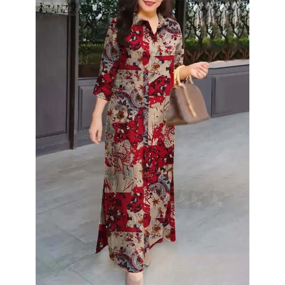 ZANZEA Vintage Floral Cotton Maxi Shirt Dress Oversized Autumn Lapel Sundress 1