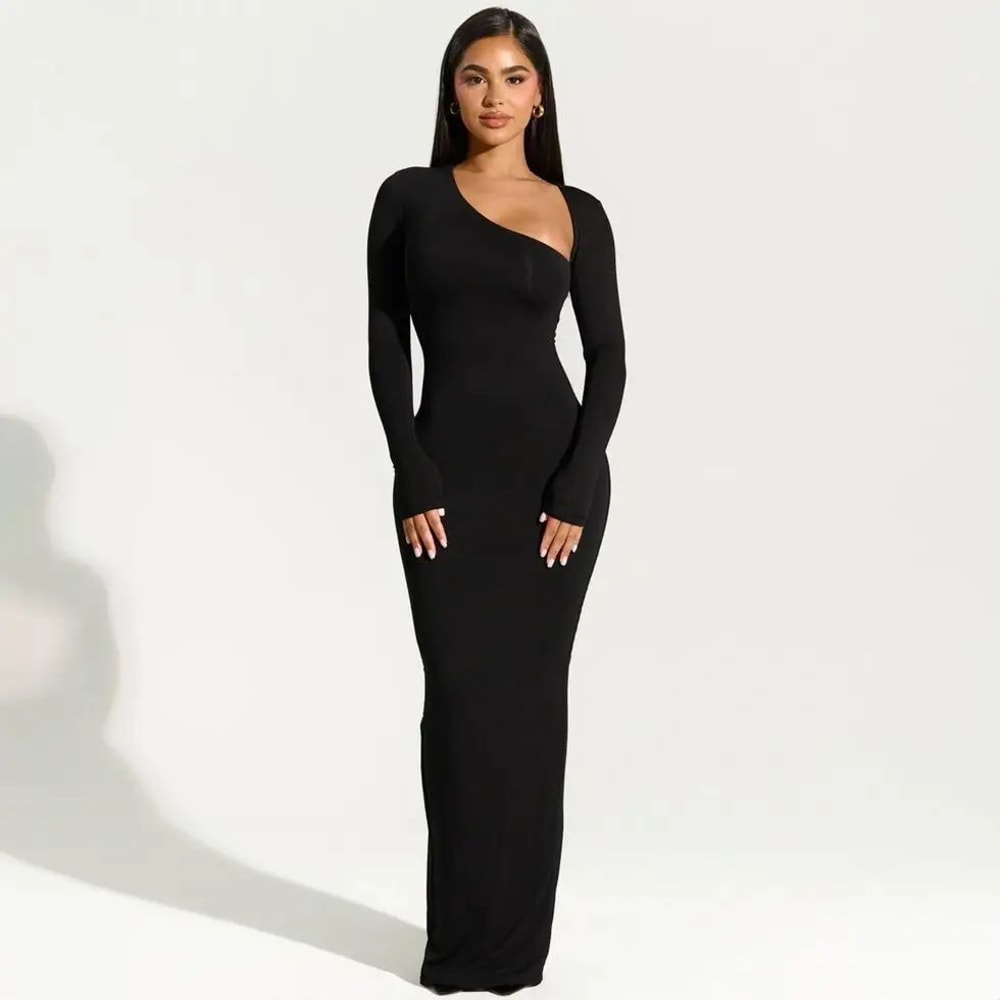 Autumn Elegance One Shoulder Maxi Dress Slim Fit Long Sleeve Party Gown With Side Slit 0