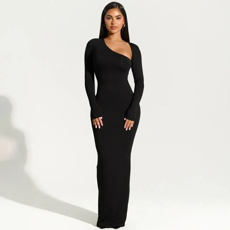 Autumn Elegance One Shoulder Maxi Dress Slim Fit Long Sleeve Party Gown With Side Slit 0