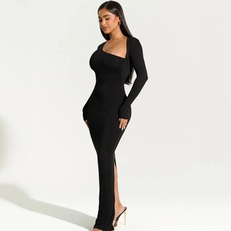Autumn Elegance One Shoulder Maxi Dress Slim Fit Long Sleeve Party Gown With Side Slit 1