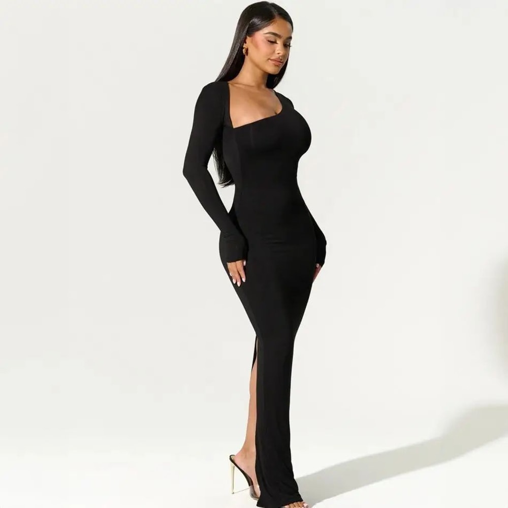 Autumn Elegance One Shoulder Maxi Dress Slim Fit Long Sleeve Party Gown With Side Slit 3