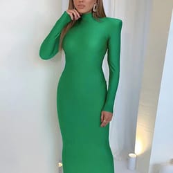 elegant green long sleeve bodycon maxi dress with shoulder pads – party & club evening gown