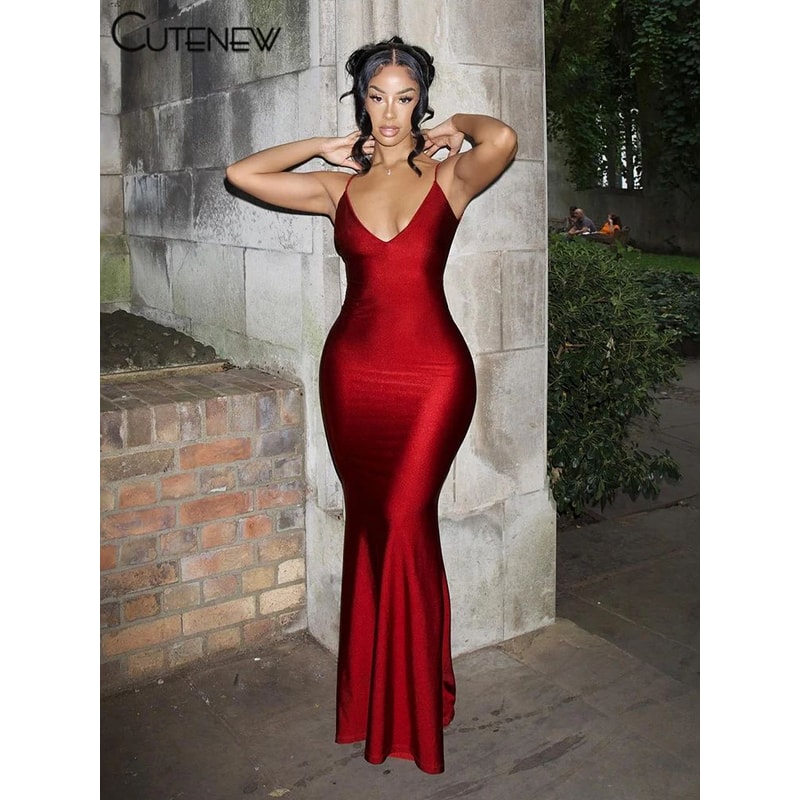 Red Elegance BodyShaping Spaghetti Strap Maxi Dress Backless Ruched Evening Gown 0