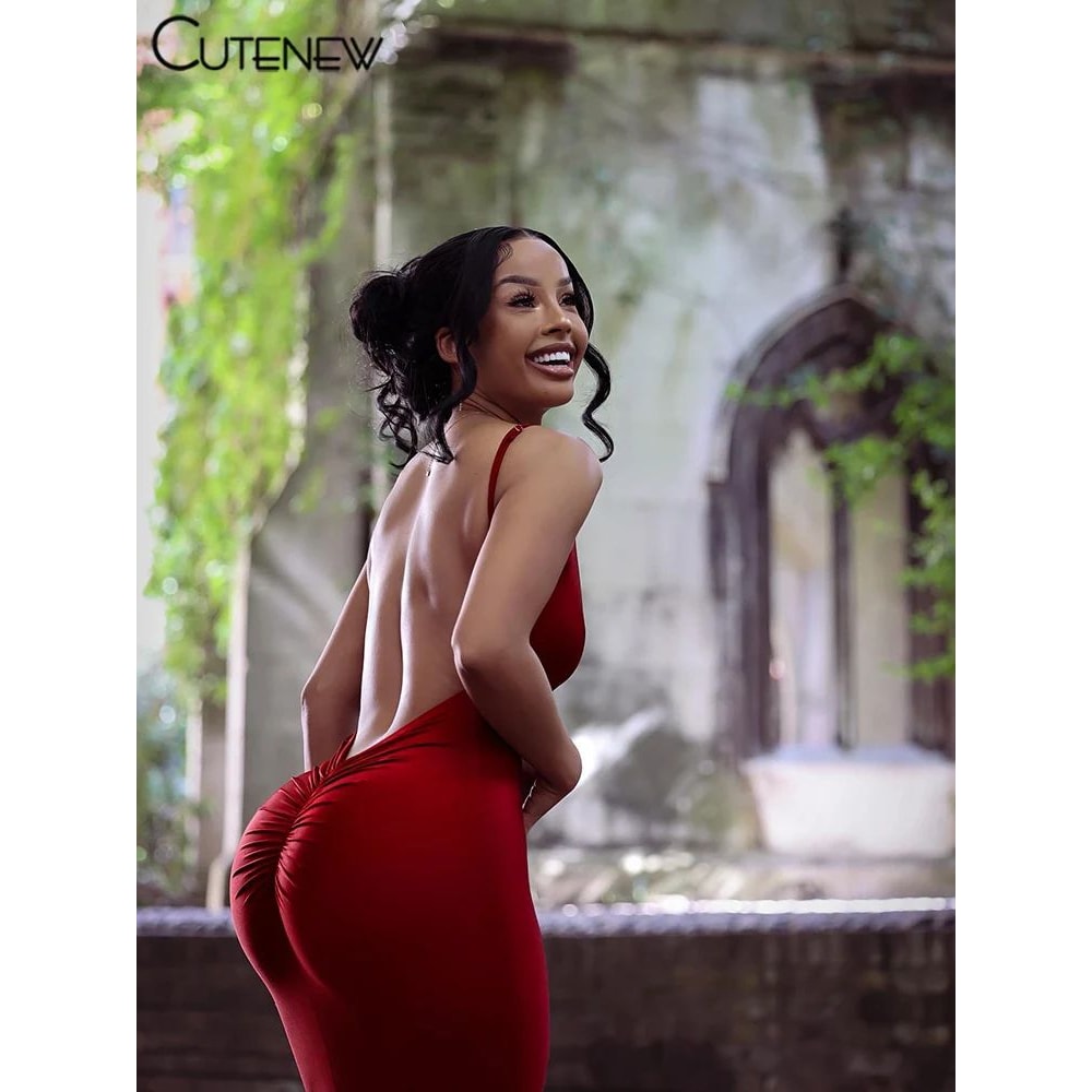 Red Elegance BodyShaping Spaghetti Strap Maxi Dress Backless Ruched Evening Gown 4