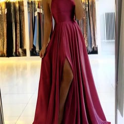 burgundy satin elegance maxi dress – sexy side slit adjustable strap evening & burgundy satin maxi dress gown