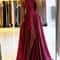 Burgundy Satin Elegance Maxi Dress Sexy Side Slit Adjustable Strap Evening Burgundy Satin Maxi Dr 0