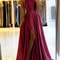 Burgundy Satin Elegance Maxi Dress Sexy Side Slit Adjustable Strap Evening Burgundy Satin Maxi Dr 0