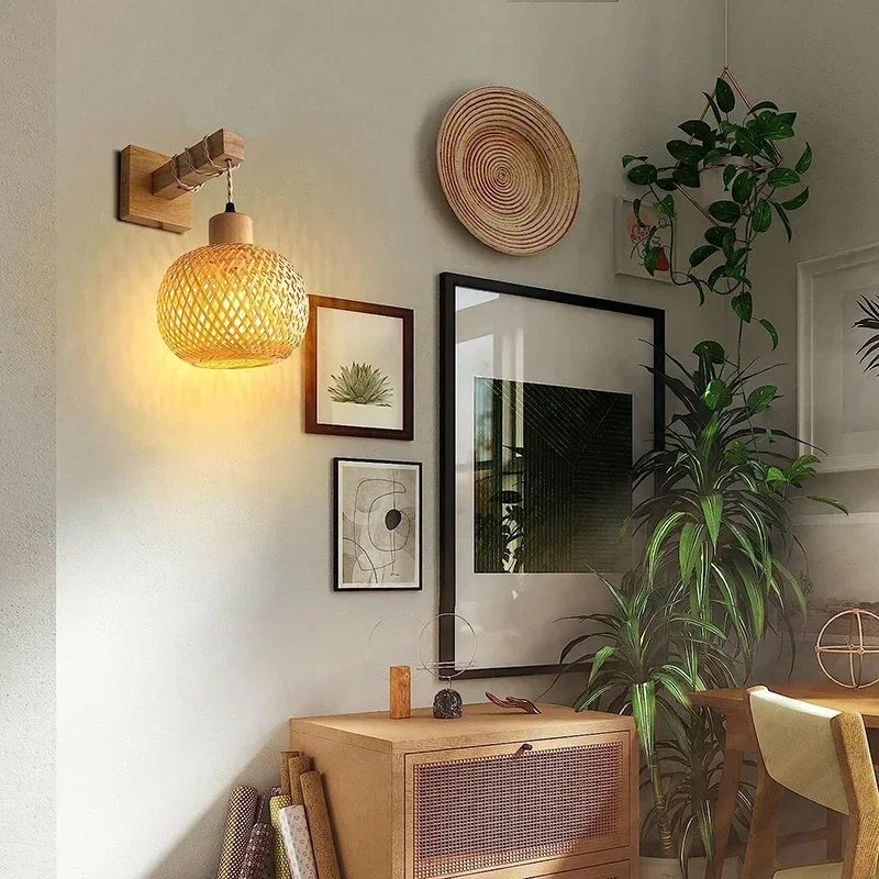Natural Handwoven Bamboo Lantern Wall Sconce Rattan Wicker E27 Wall Light Fixture For Warm Boho Amb 1
