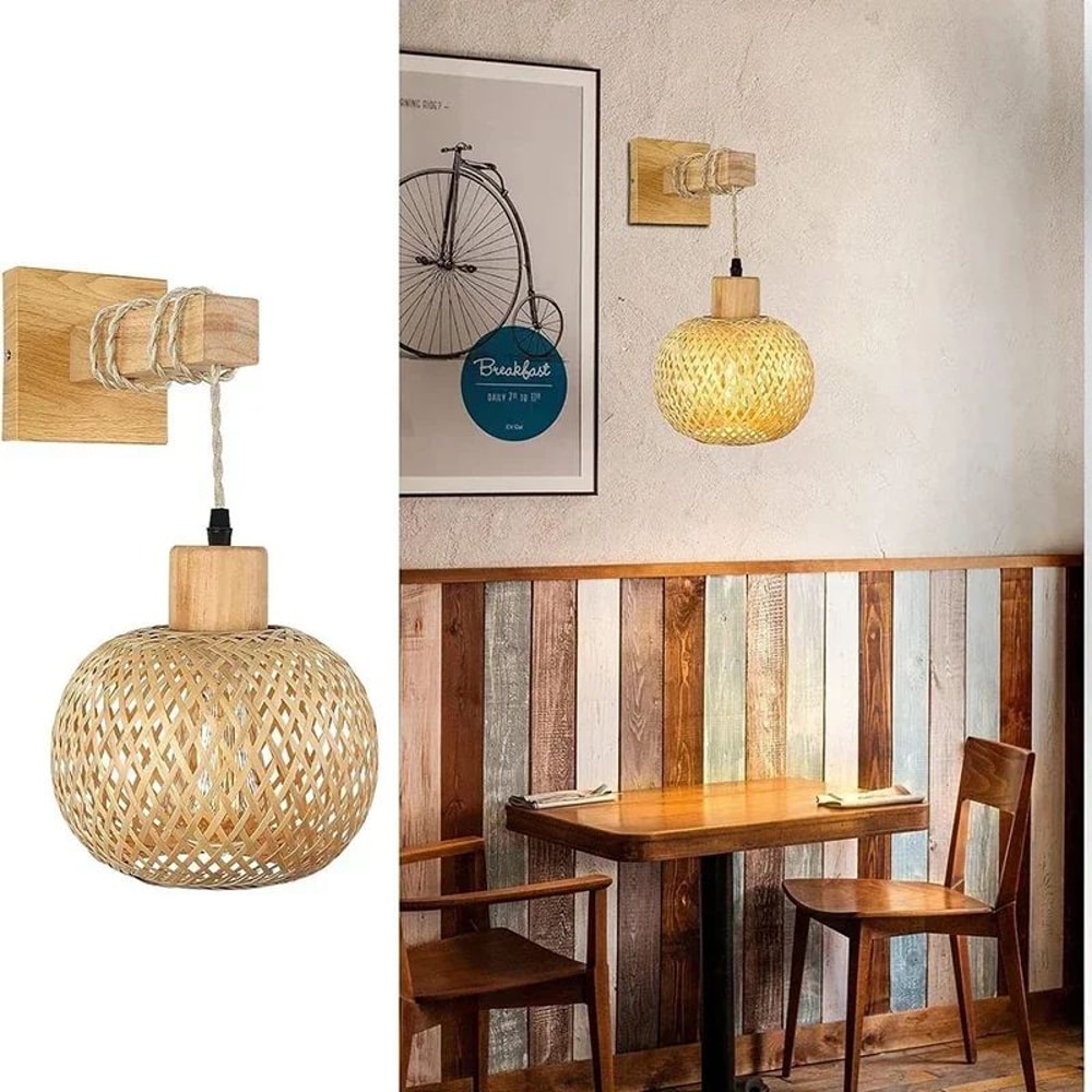 Natural Handwoven Bamboo Lantern Wall Sconce Rattan Wicker E27 Wall Light Fixture For Warm Boho Amb 4