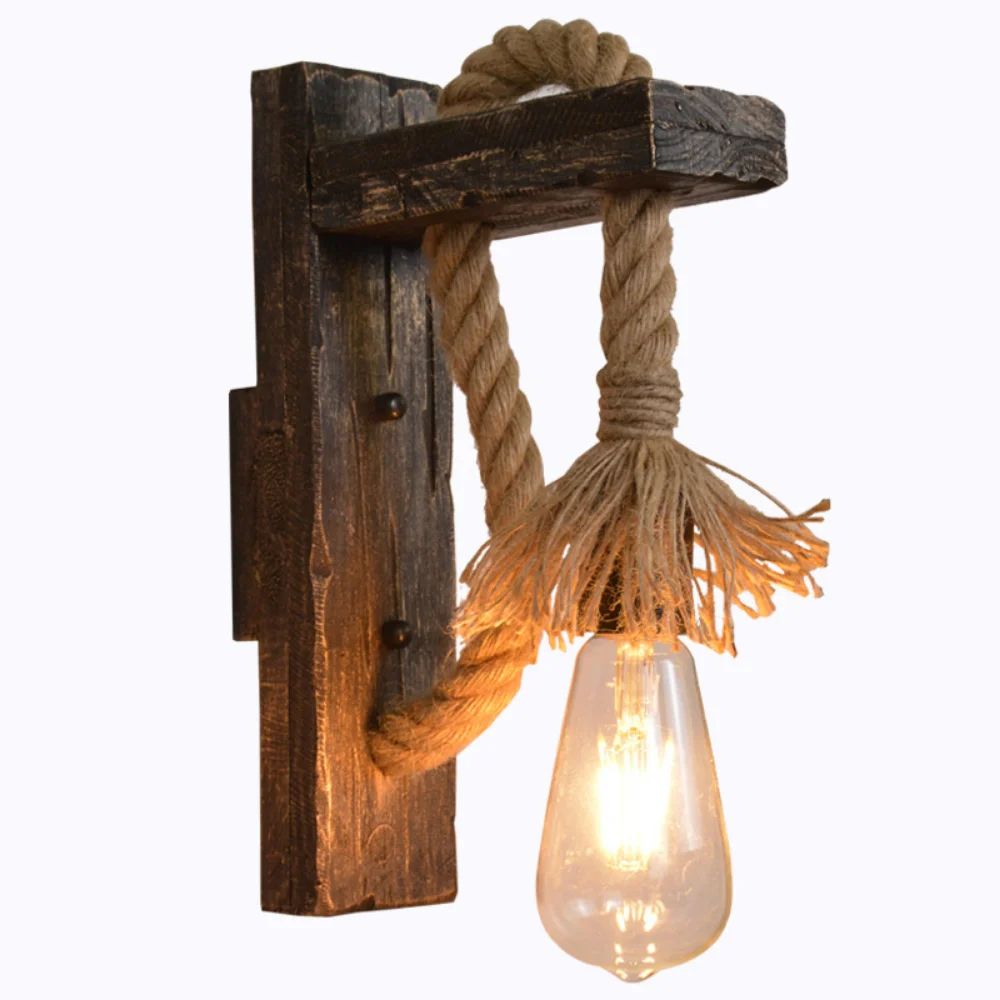 Vintage Hemp Rope Wood Wall Sconce Industrial UpDown Light 3