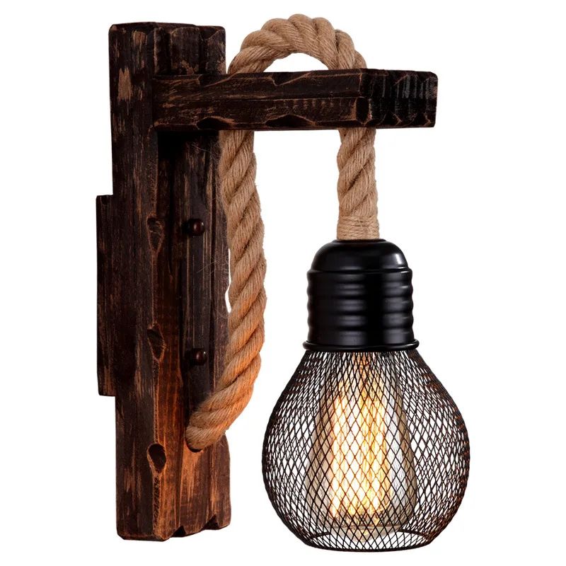 Vintage Hemp Rope Wood Wall Sconce Industrial UpDown Light 7