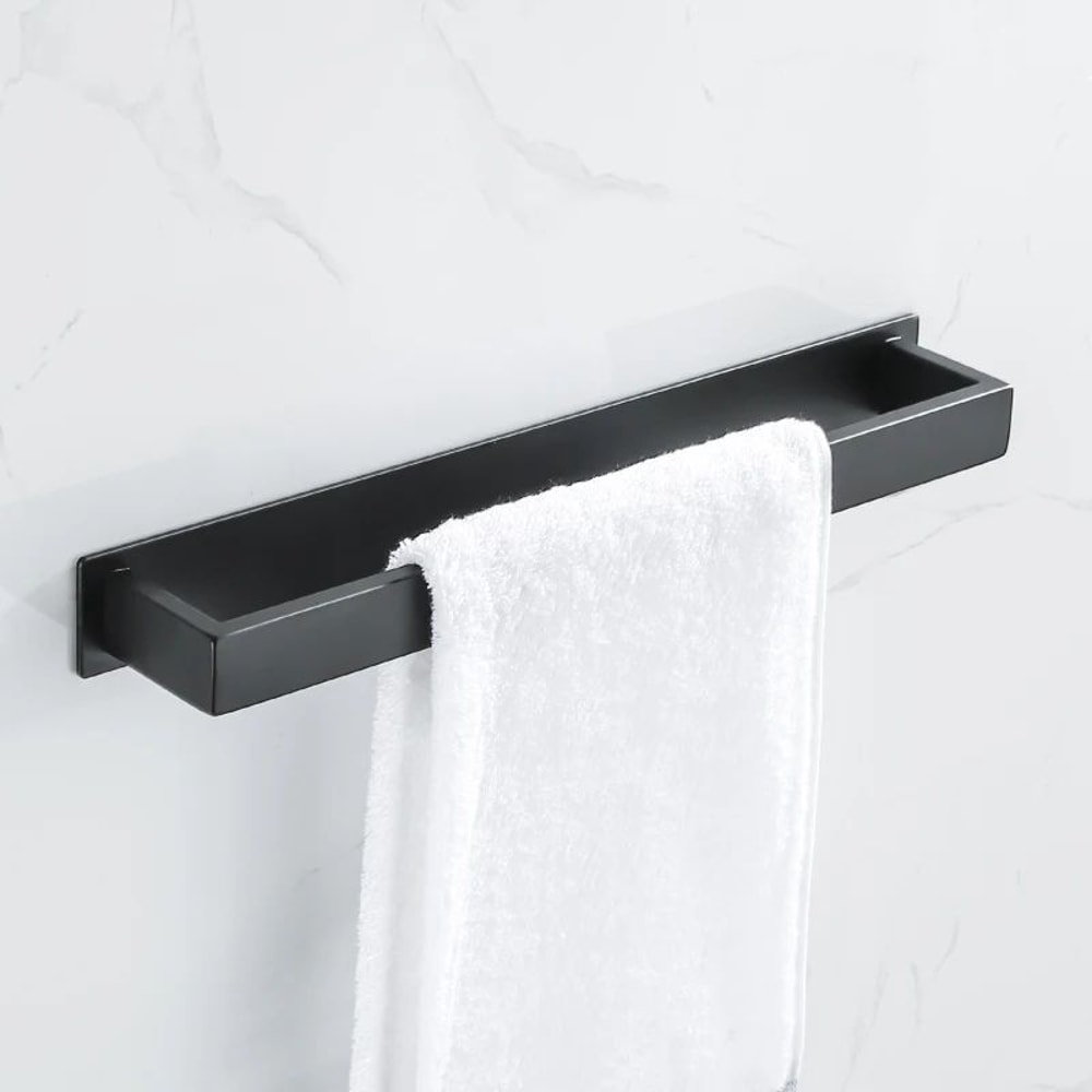 Matte Black NoDrill Stainless Steel Towel Rack SelfAdhesive WallMounted Bathroom Shelf Bar 0