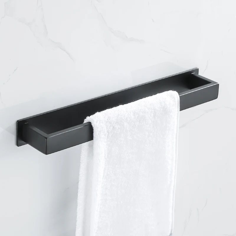 Matte Black NoDrill Stainless Steel Towel Rack SelfAdhesive WallMounted Bathroom Shelf Bar 0