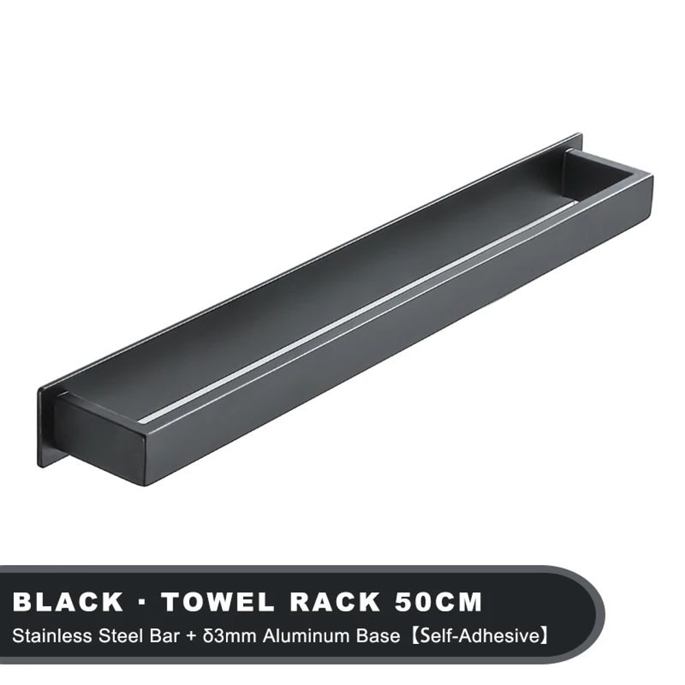 Matte Black NoDrill Stainless Steel Towel Rack SelfAdhesive WallMounted Bathroom Shelf Bar 8
