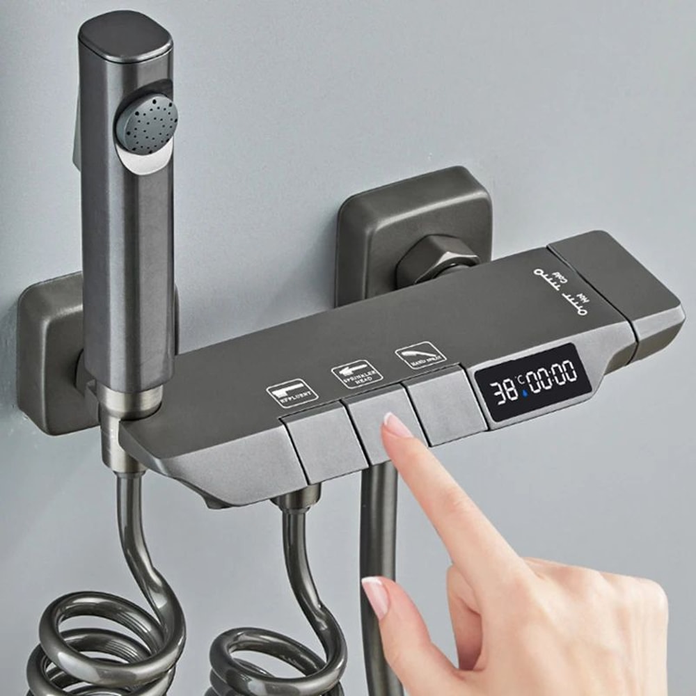 Modern Grey PianoKey Digital Display Shower System 2Way Wall Mounted Shower Set With Tub Spout 5