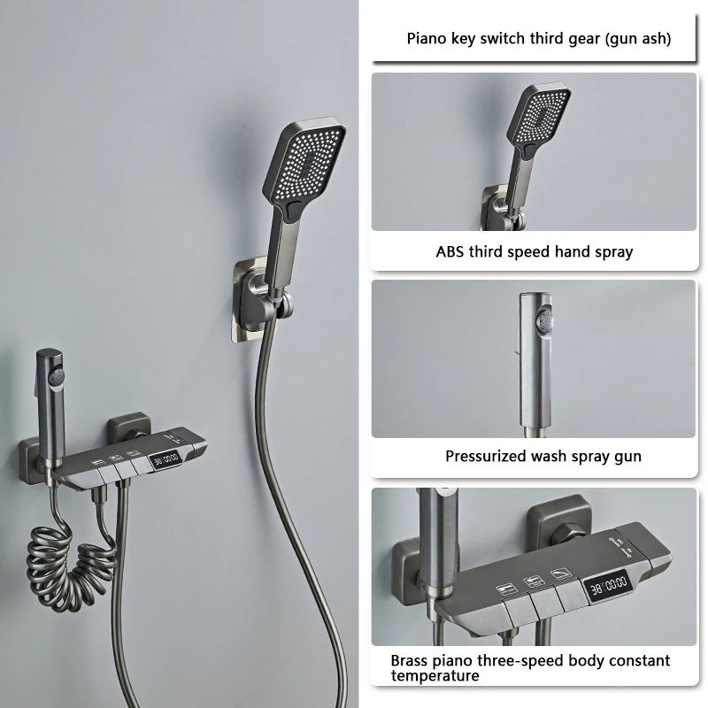 Modern Grey PianoKey Digital Display Shower System 2Way Wall Mounted Shower Set With Tub Spout 10