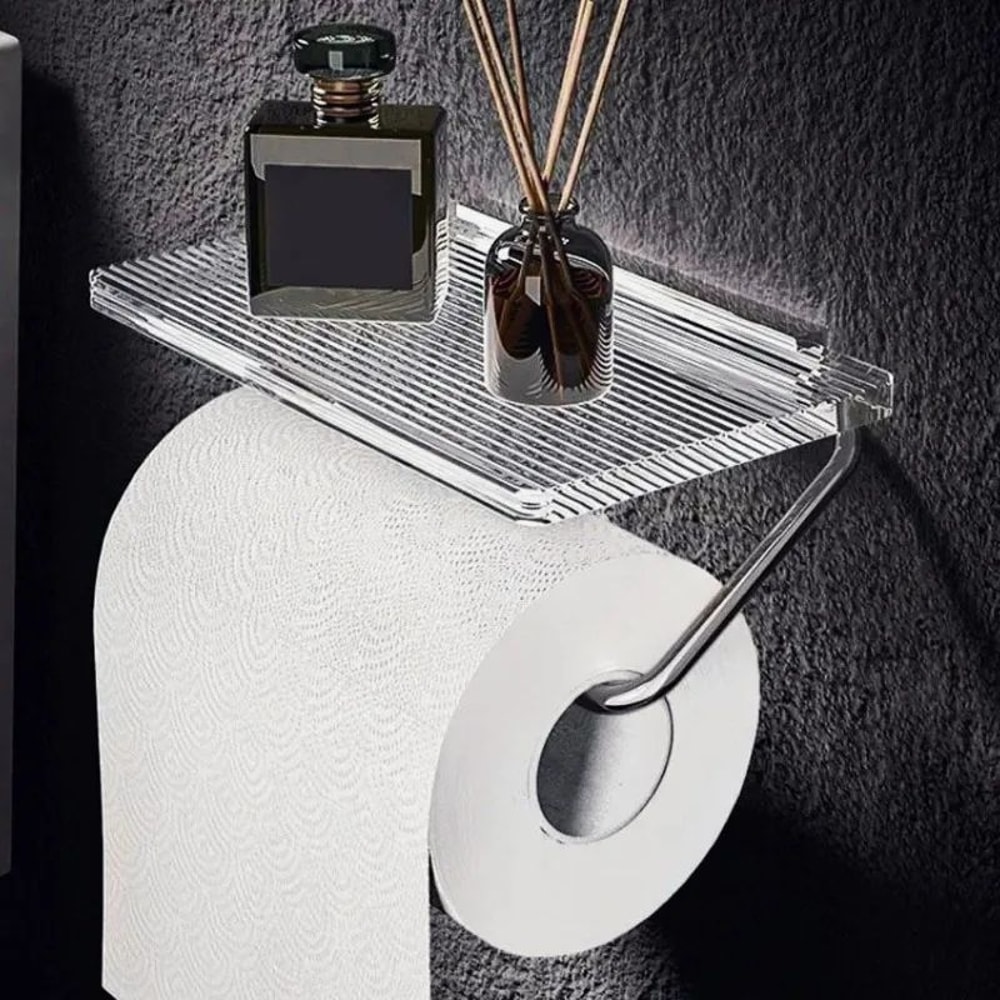 Gold Acrylic Toilet Paper Holder With Shelf PunchFree Wall Mounted Bathroom Organizer 1