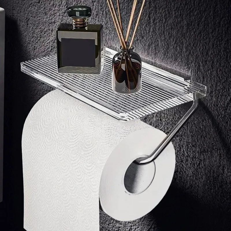 Gold Acrylic Toilet Paper Holder With Shelf PunchFree Wall Mounted Bathroom Organizer 1