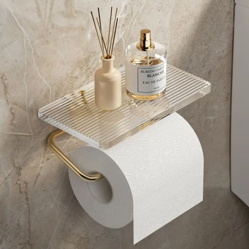 Gold Acrylic Toilet Paper Holder With Shelf PunchFree Wall Mounted Bathroom Organizer 5