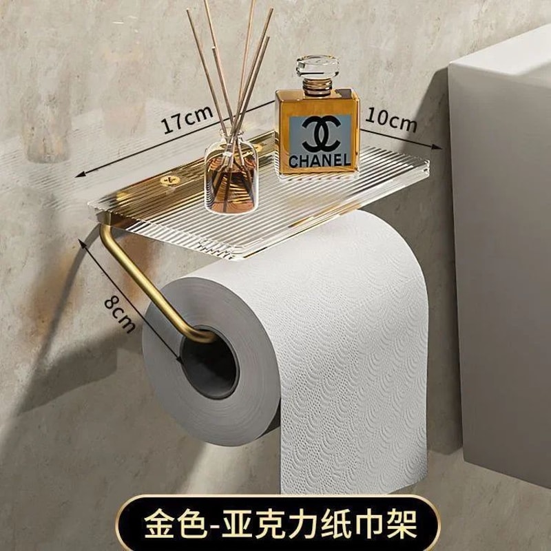 Gold Acrylic Toilet Paper Holder With Shelf PunchFree Wall Mounted Bathroom Organizer 6
