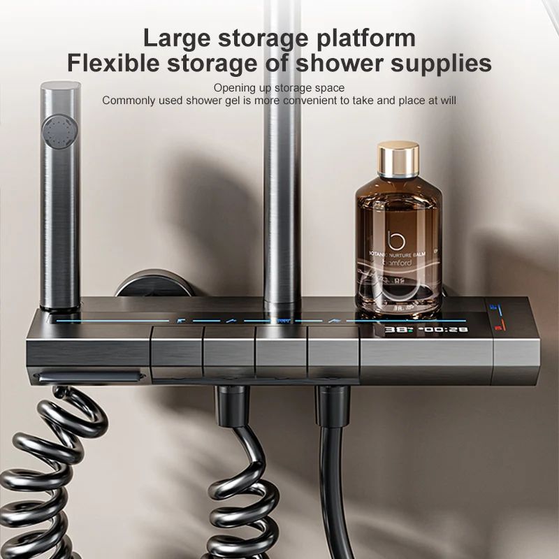 LumiFlow Digital Thermostatic Shower System With LED Display And Rainfall Shower Head 5