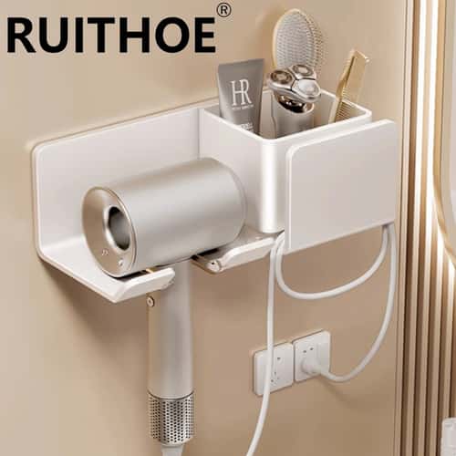 Wall-Mounted Hair Dryer Holder & Bathroom Hair Tool Organizer Shelf