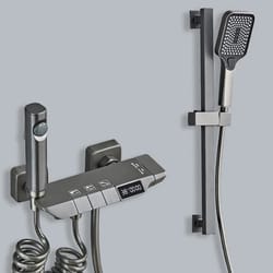 gun gray digital display shower system with piano-key controls, brass thermostatic rainfall set