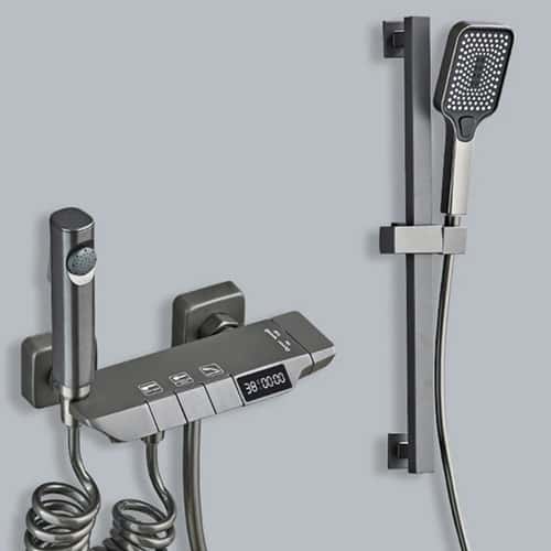 Gun Gray Digital Display Shower System with Piano-Key Controls, Brass Thermostatic Rainfall Set