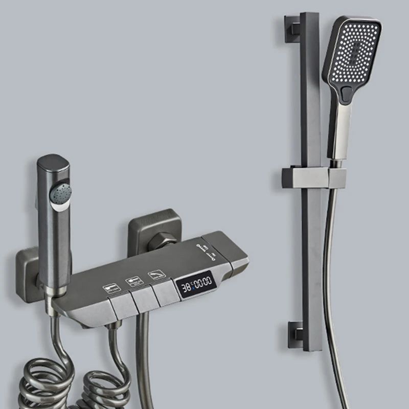 Gun Gray Digital Display Shower System With PianoKey Controls Brass Thermostatic Rainfall Set 0
