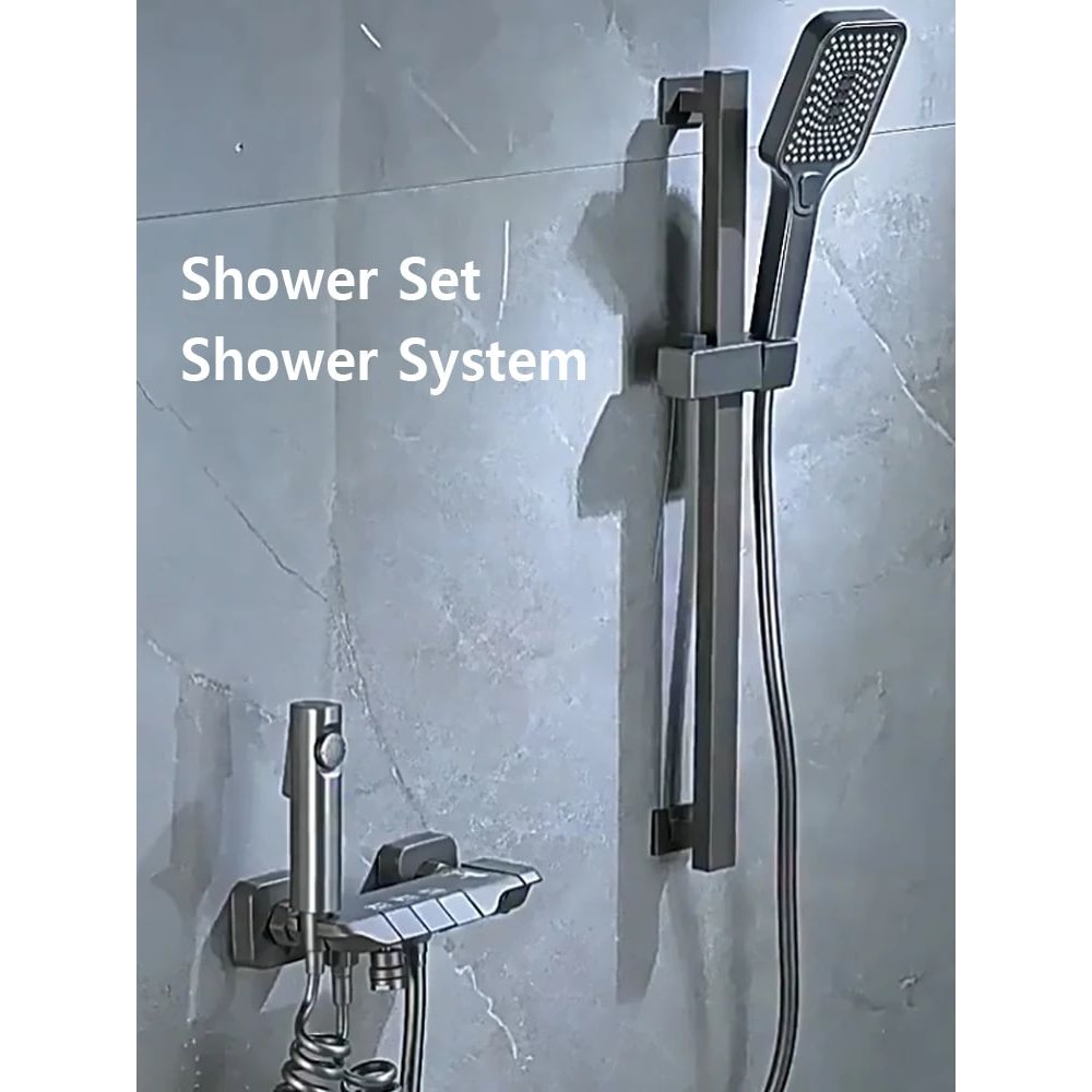 Gun Gray Digital Display Shower System With PianoKey Controls Brass Thermostatic Rainfall Set 4