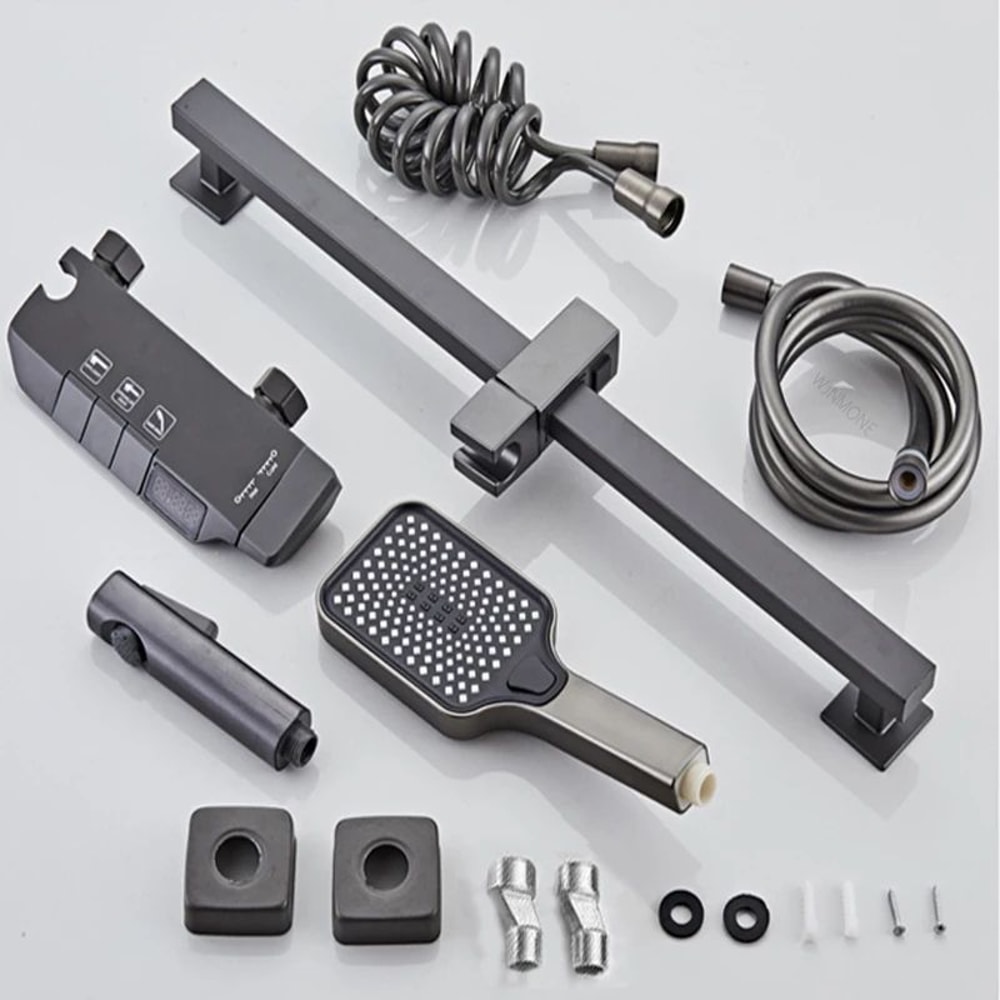 Gun Gray Digital Display Shower System With PianoKey Controls Brass Thermostatic Rainfall Set 5
