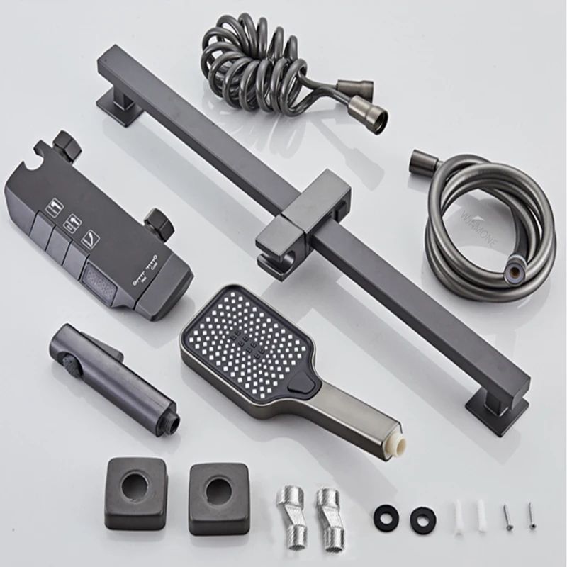 Gun Gray Digital Display Shower System With PianoKey Controls Brass Thermostatic Rainfall Set 5