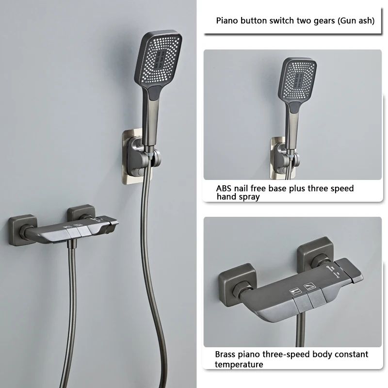 Gun Gray Digital Display Shower System With PianoKey Controls Brass Thermostatic Rainfall Set 6