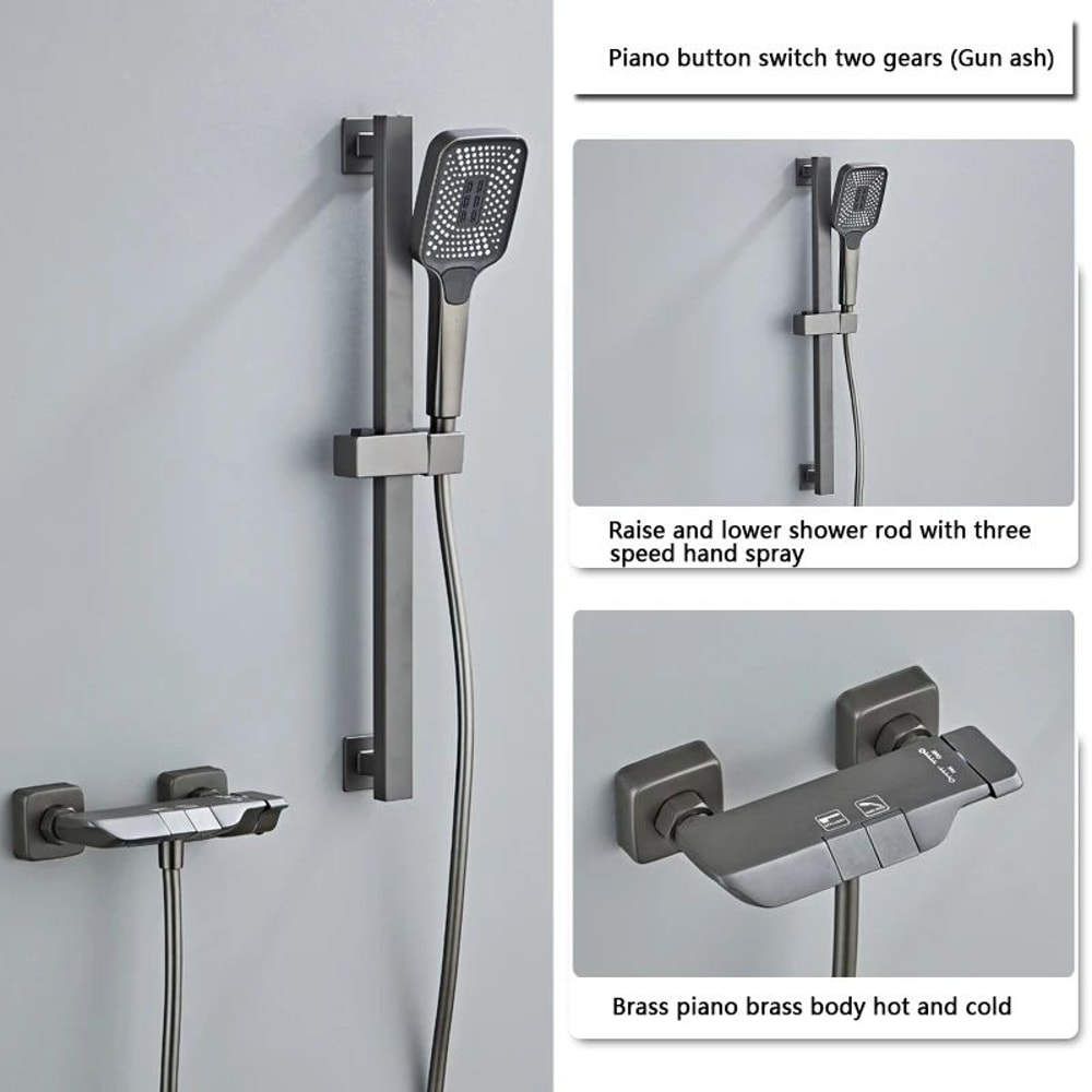 Gun Gray Digital Display Shower System With PianoKey Controls Brass Thermostatic Rainfall Set 7