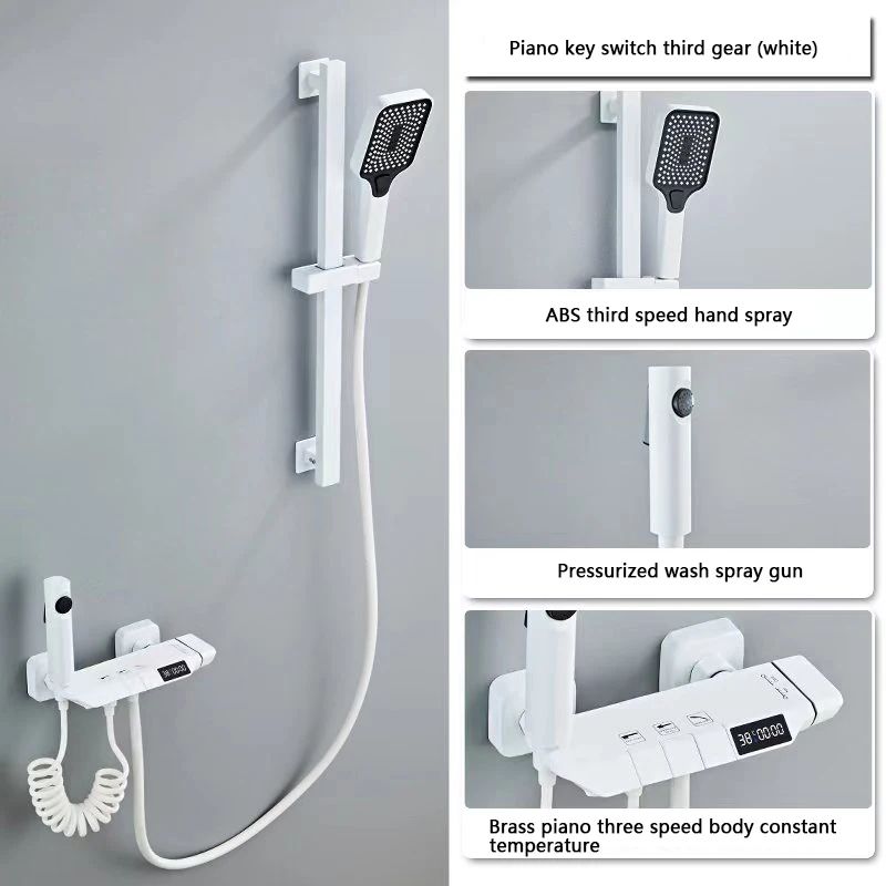 Gun Gray Digital Display Shower System With PianoKey Controls Brass Thermostatic Rainfall Set 17