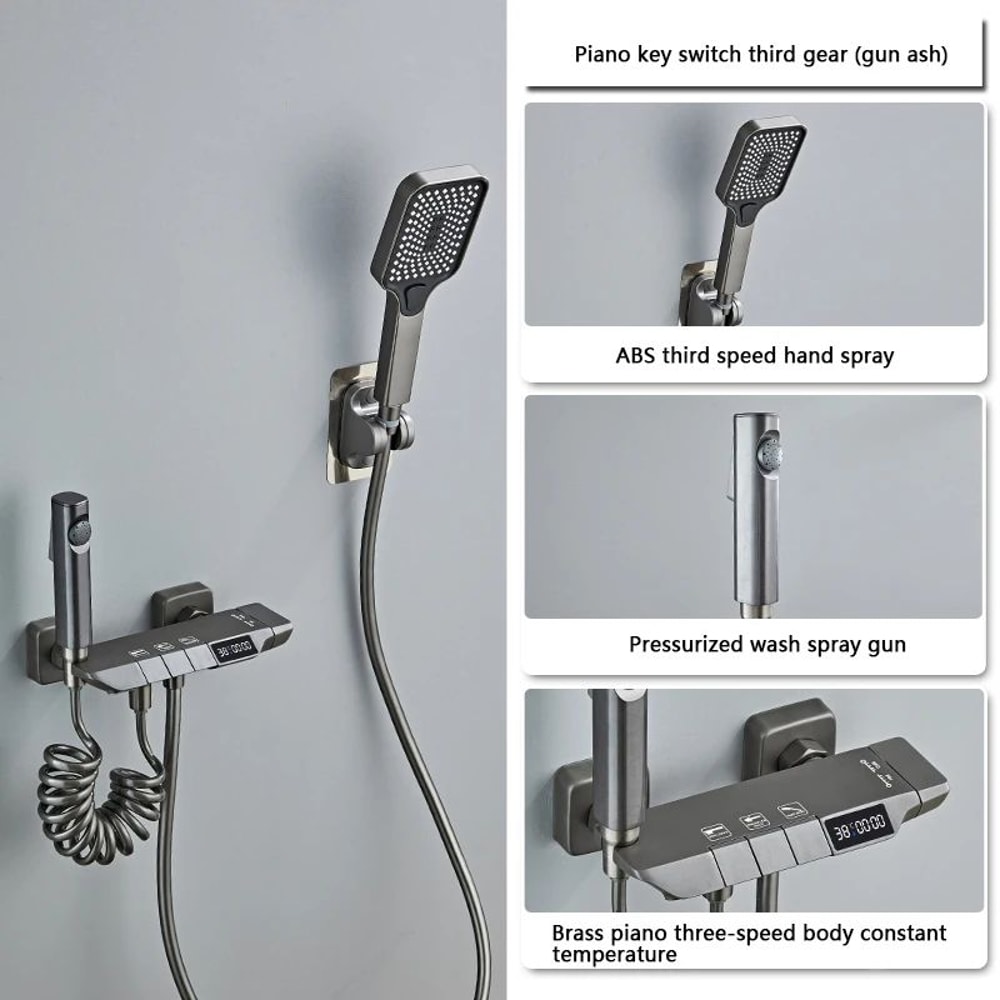 Gun Gray Digital Display Shower System With PianoKey Controls Brass Thermostatic Rainfall Set 10