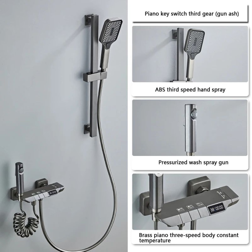 Gun Gray Digital Display Shower System With PianoKey Controls Brass Thermostatic Rainfall Set 11