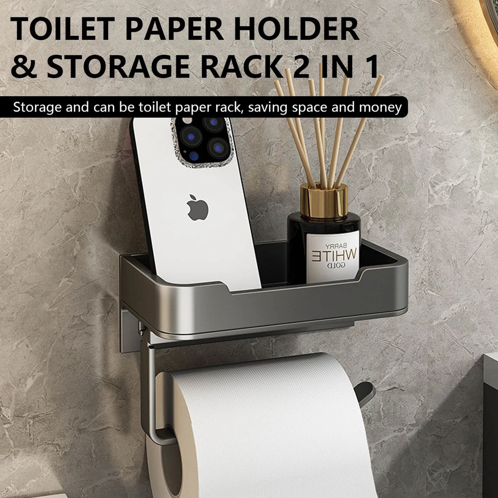 Matte Black Wall Mounted Toilet Paper Holder With Storage Shelf 3