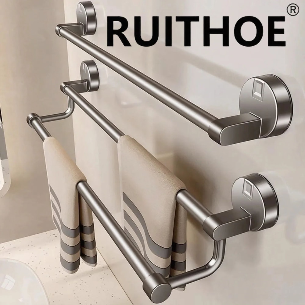 Suction Cup Towel Rack Wall Mount No Drill Double Bar Bathroom Organizer 304050cm 0