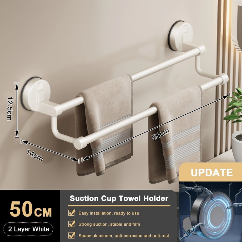Suction Cup Towel Rack Wall Mount No Drill Double Bar Bathroom Organizer 304050cm 17
