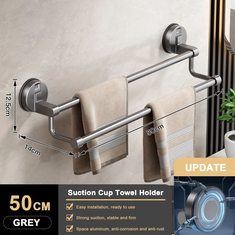 Suction Cup Towel Rack Wall Mount No Drill Double Bar Bathroom Organizer 304050cm 11