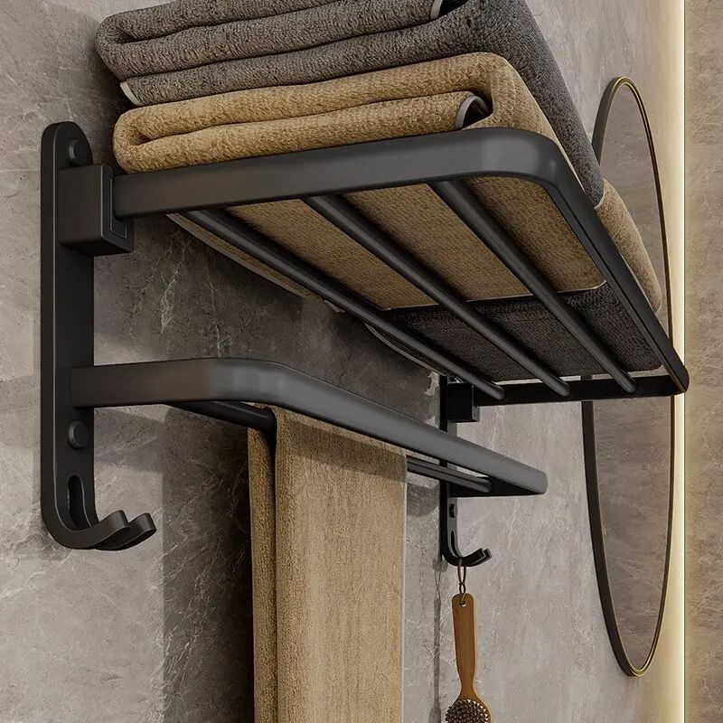 Matte Black Folding Towel Rack With Hook 50cm Wall Mounted Aluminum Towel Holder 4