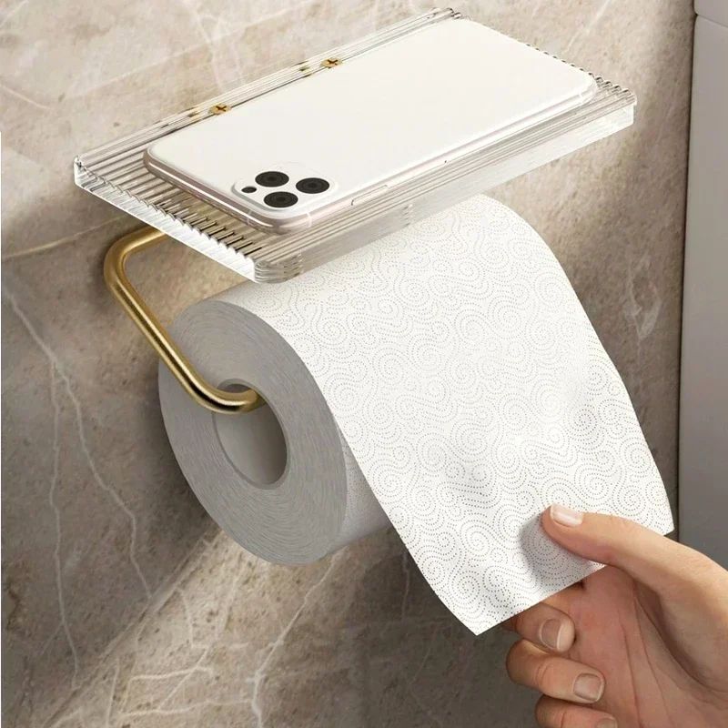 Luxury Gold Toilet Paper Holder With Shelf No Drill Wall Mounted Bathroom Organizer 2