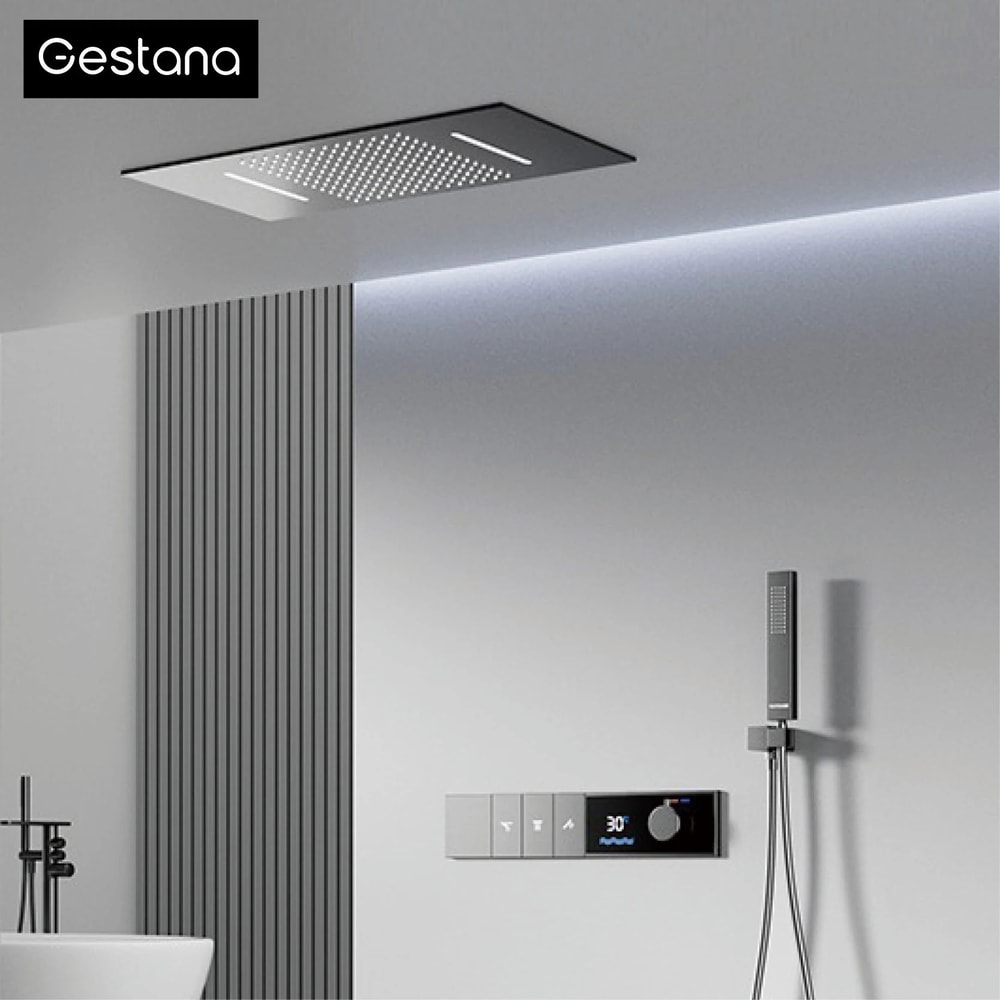 Luxury Thermostatic LED Shower System With Ceiling Waterfall 3 Spray Modes 0