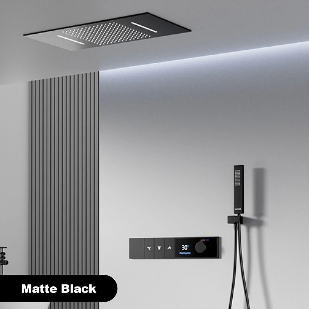 Luxury Thermostatic LED Shower System With Ceiling Waterfall 3 Spray Modes 7