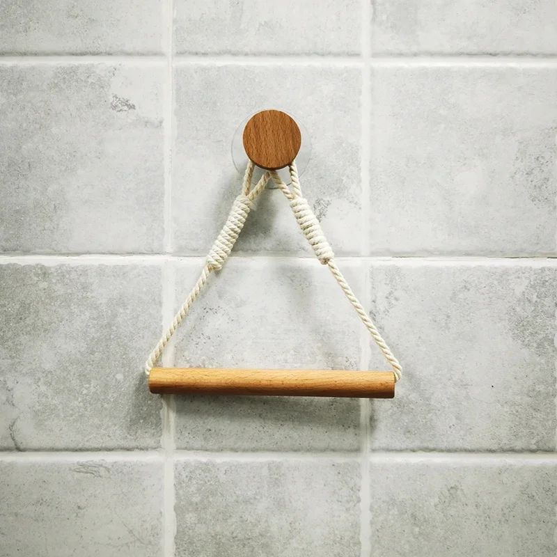 Rustic Wooden Triangle Toilet Paper Holder NailFree Wall Mounted Bathroom Shelf 6