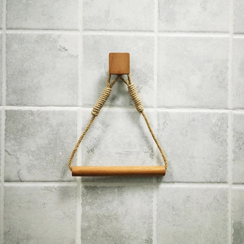 Rustic Wooden Triangle Toilet Paper Holder NailFree Wall Mounted Bathroom Shelf 9