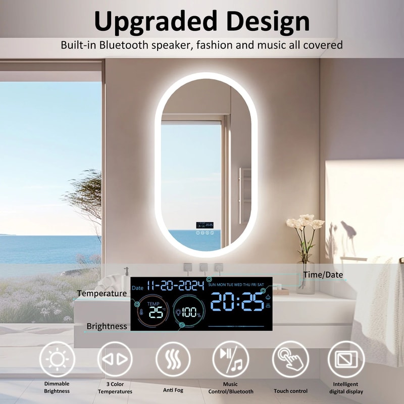 Luvodi 20x32 LED Lighted Bathroom Mirror With Bluetooth AntiFog Time Display 4